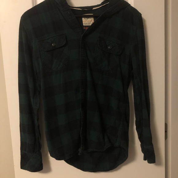 TNA boyfriend fit plaid hood green top - Picture 1 of 4